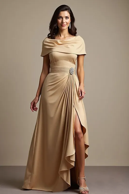 Champagne Off The Shoulder Ruched A Line Mother Of The Bride Dress sold by Zapaka