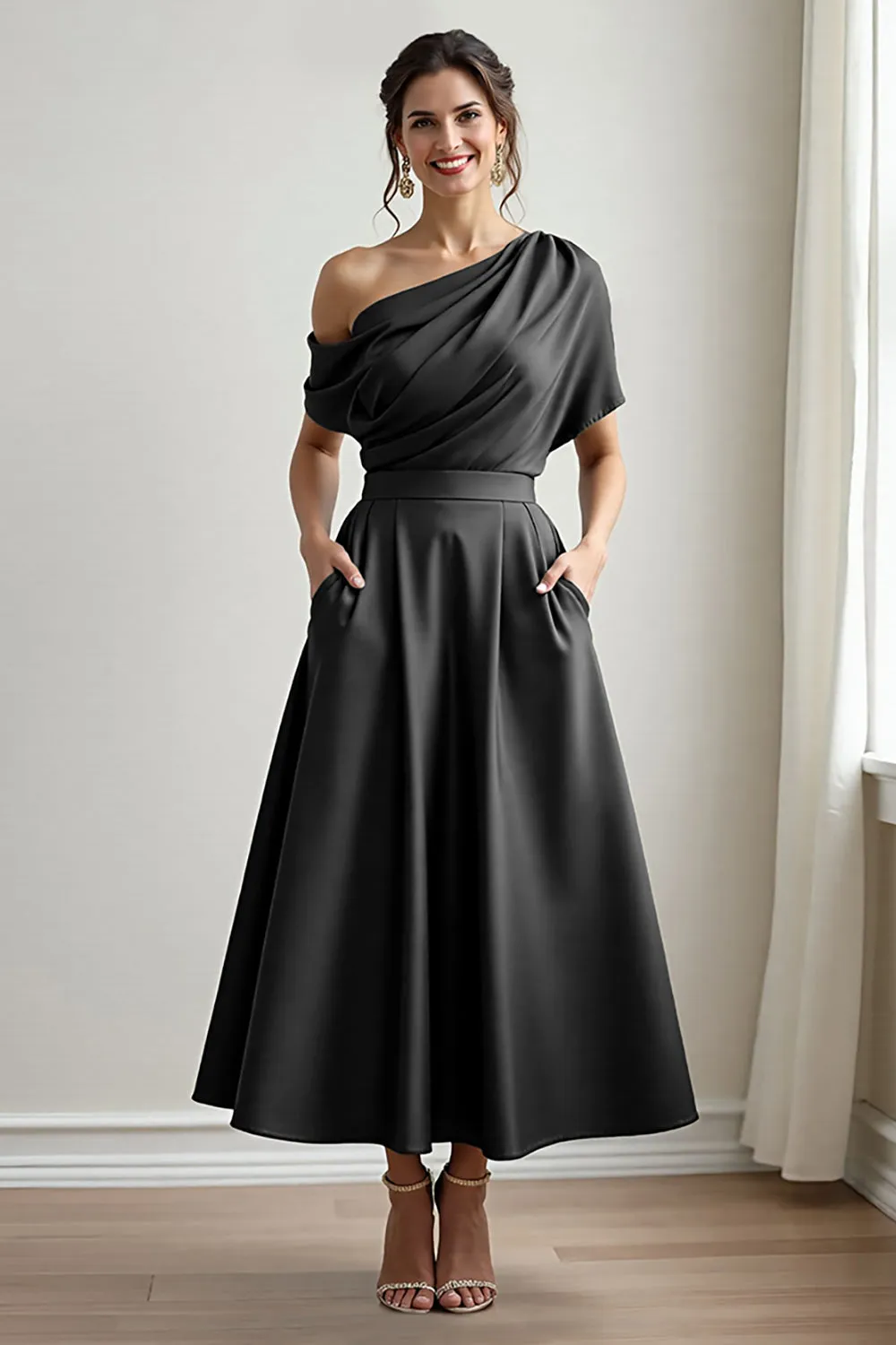 Black Satin A Line Mother Of The Bride Dress With Pockets sold by Zapaka