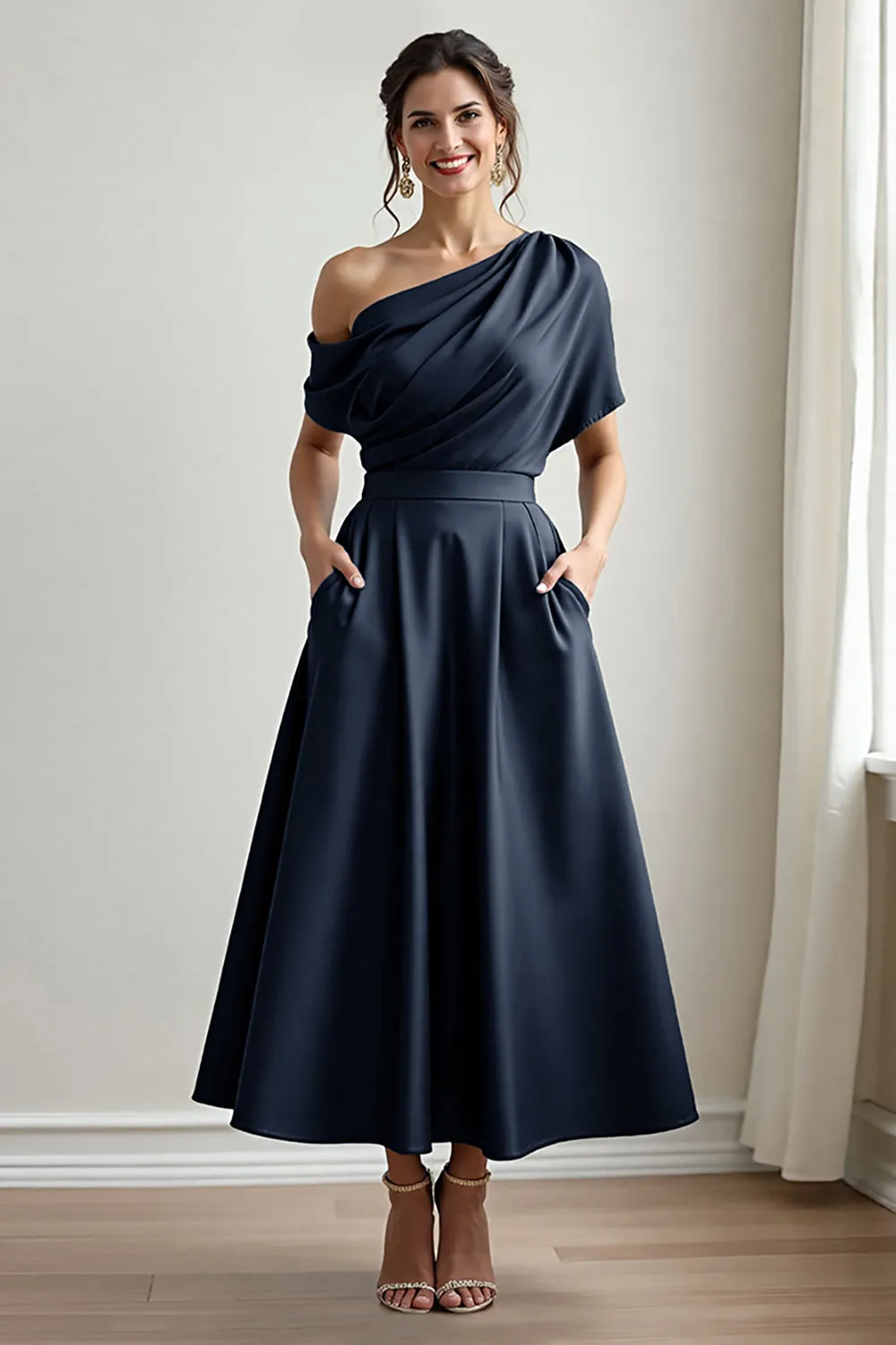 Black Satin A Line Mother Of The Bride Dress With Pockets sold by Zapaka product image thumbnail 5