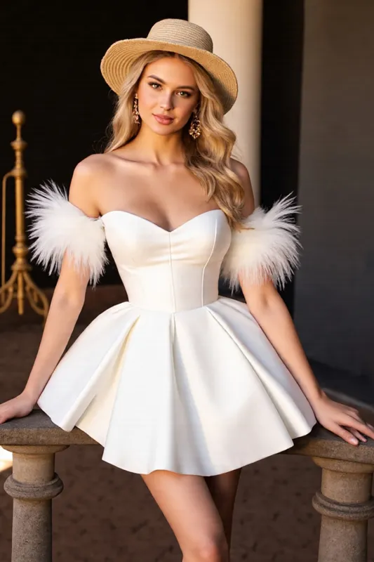 Off The Shoulder White A Line Cocktail Dress with Feathers sold by Zapaka