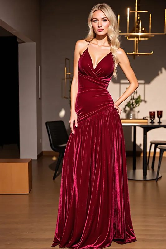Burgundy Ruffled Halter A Line Party Dress sold by Zapaka