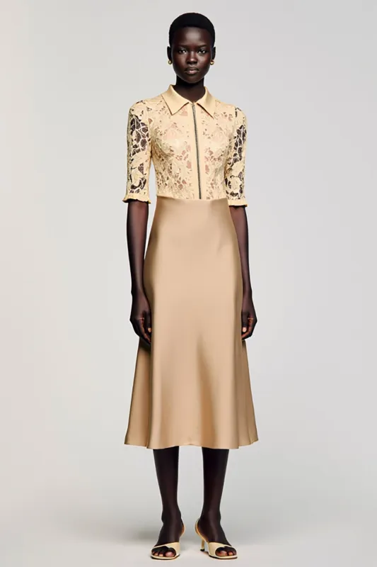 Champagne Lace Half Sleeve Midi Wedding Guest Dress sold by Zapaka