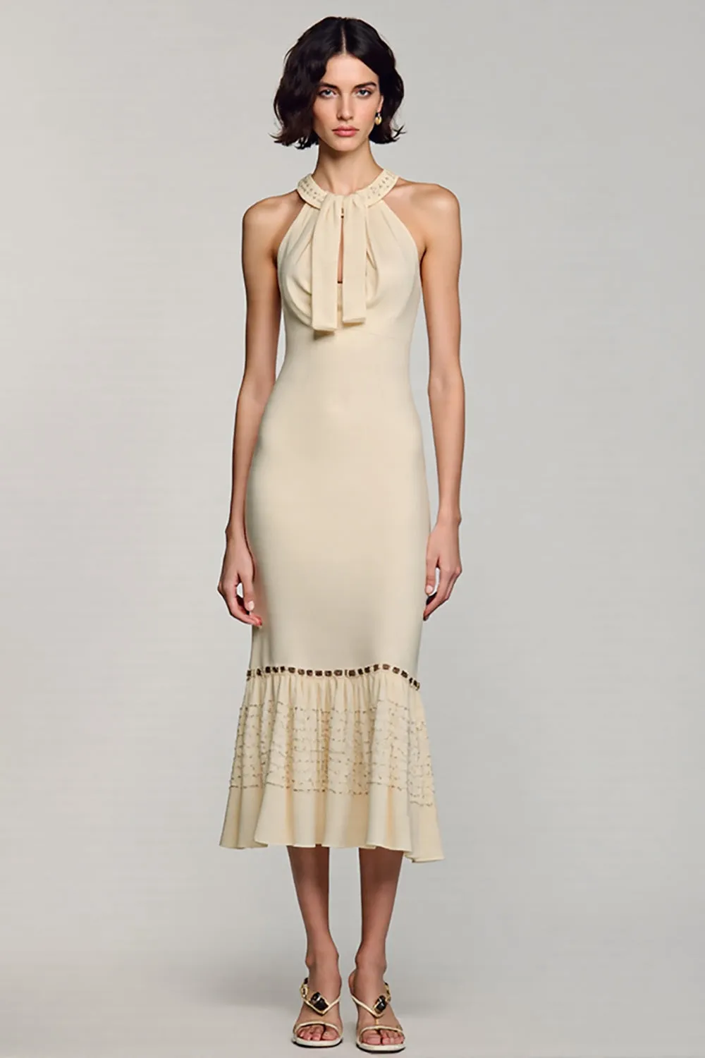 Spandex Apricot Halter Sheath Wedding Guest Dress sold by Zapaka