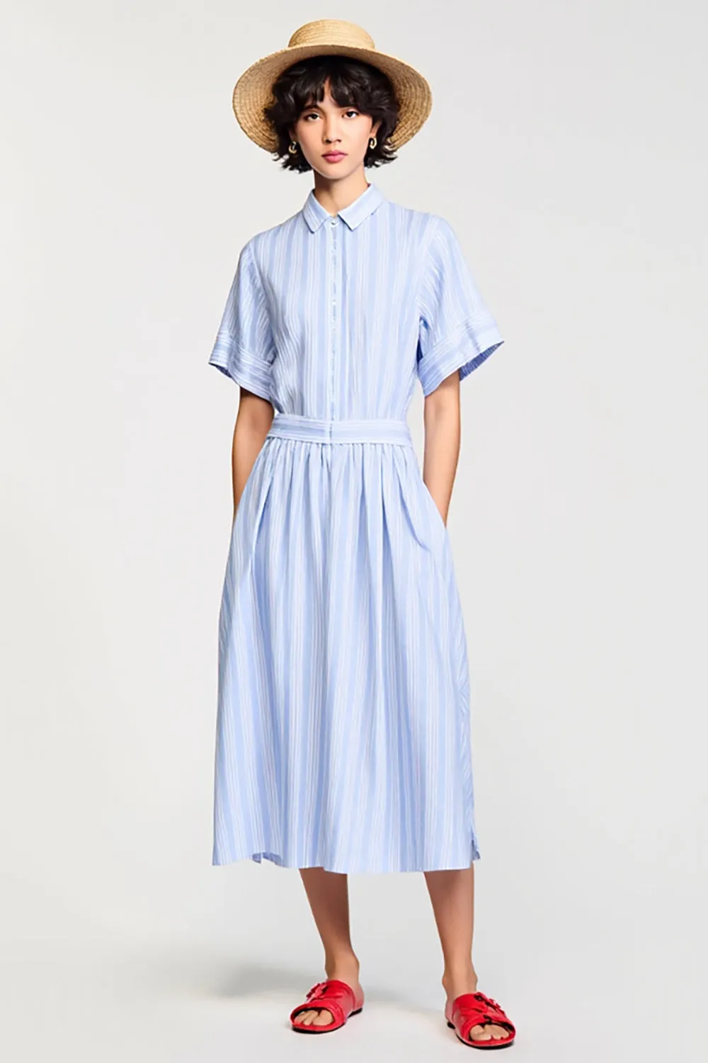 Blue Striped A Line Lapel Midi Wedding Guest Dress sold by Zapaka