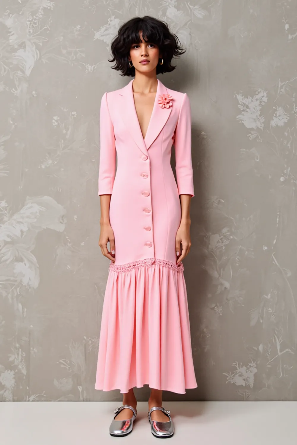 Pink Notched Lapel Floral 3/4 sleeve Wedding Guest Dress sold by Zapaka