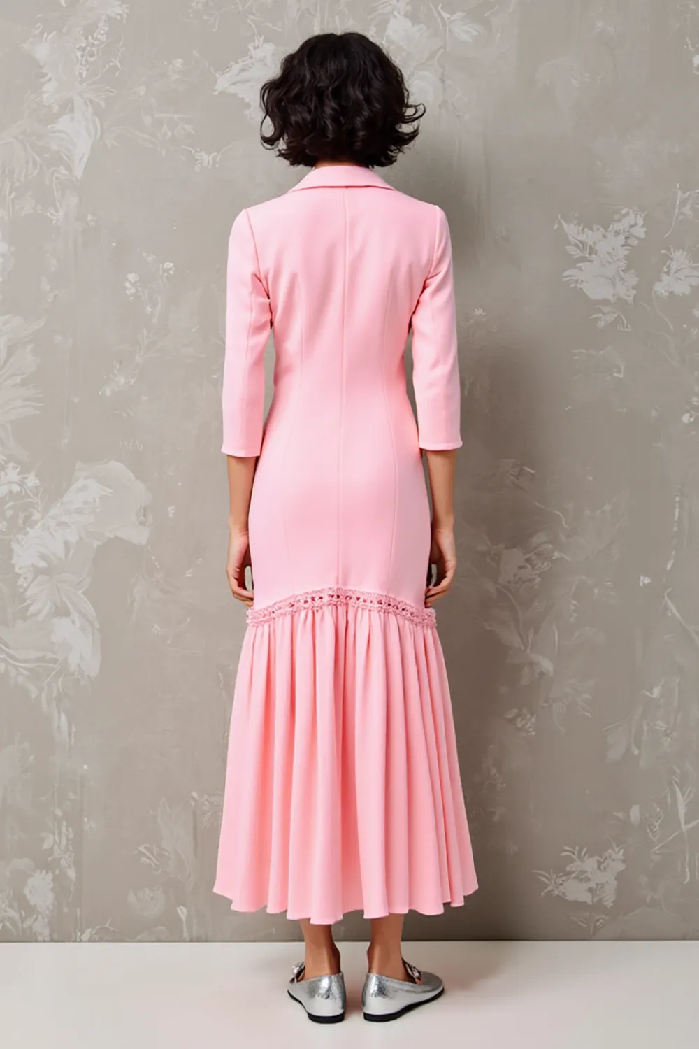 Pink Notched Lapel Floral 3/4 sleeve Wedding Guest Dress sold by Zapaka product image thumbnail 2