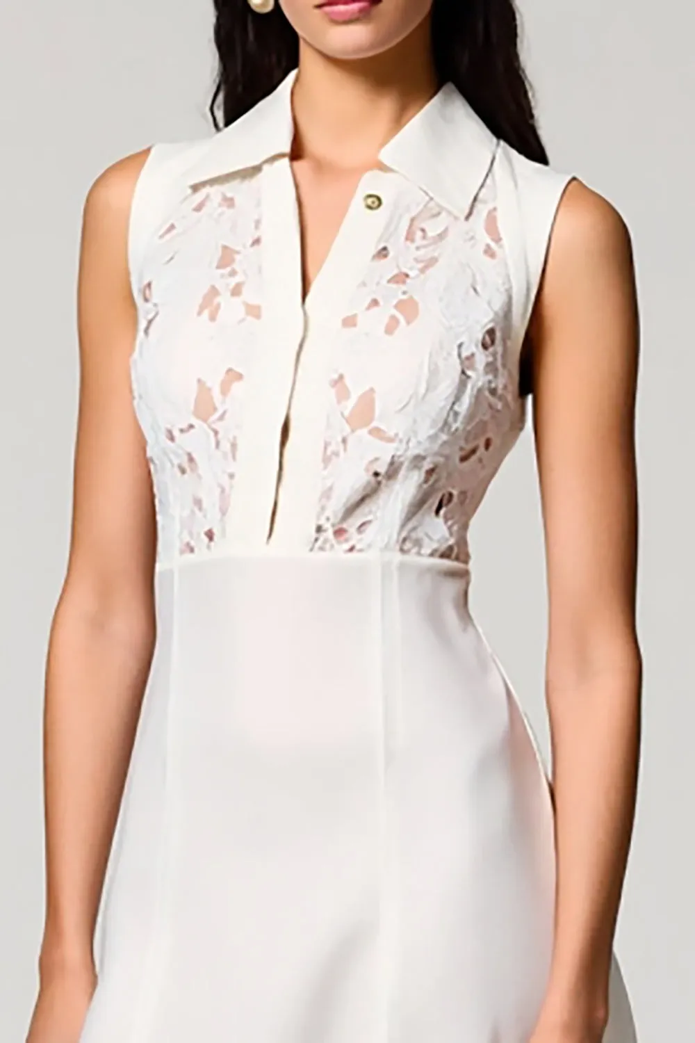 White A Line Polo Collar Lace Midi Wedding Guest Dress sold by Zapaka product image thumbnail 3