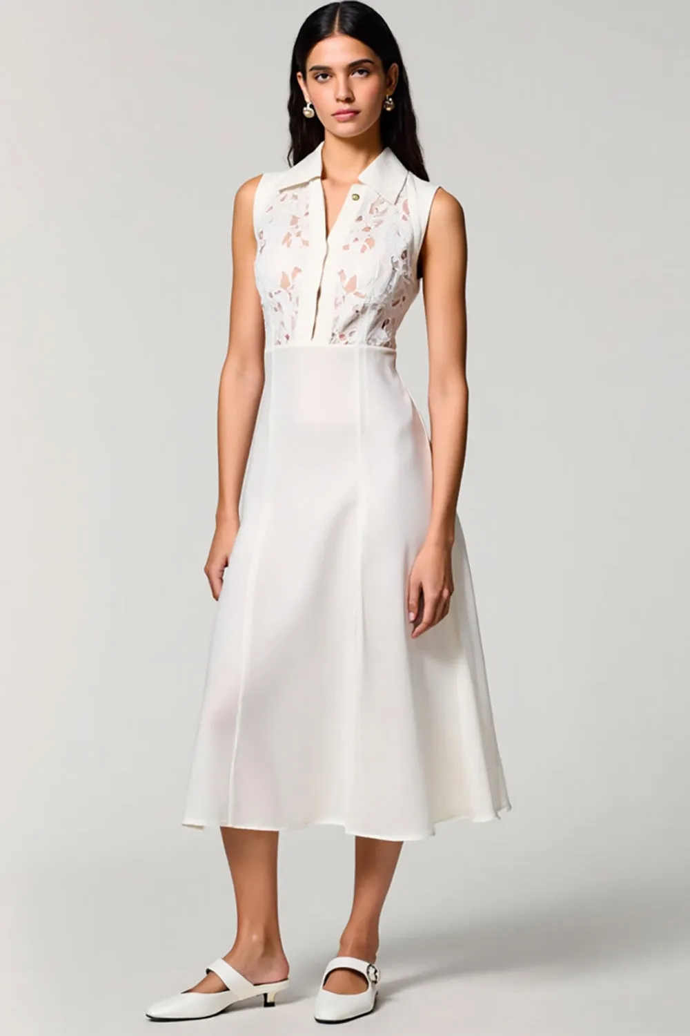White A Line Polo Collar Lace Midi Wedding Guest Dress sold by Zapaka
