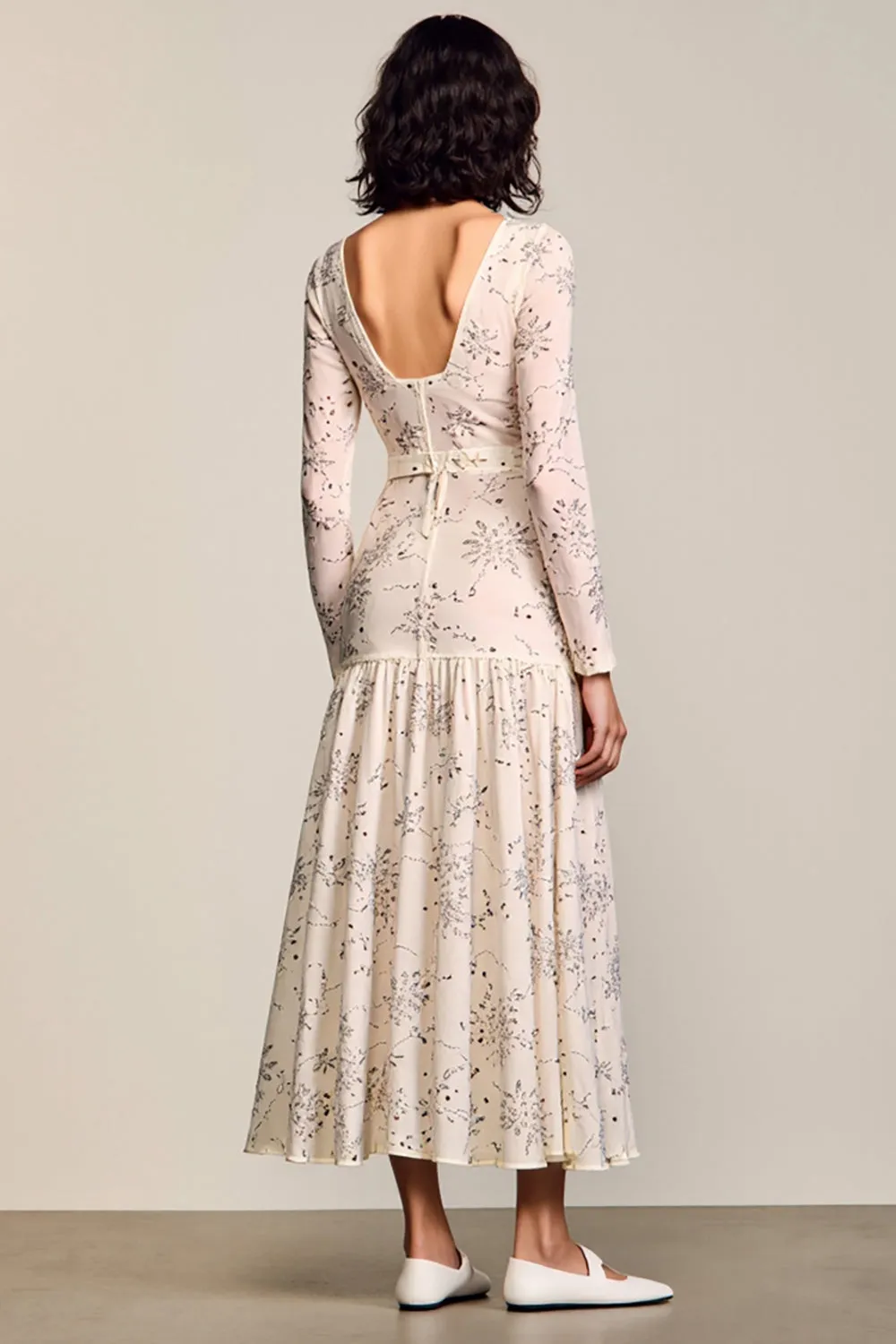Apricot Floral Long Sleeve A Line Wedding Guest Dress With Belt sold by Zapaka product image thumbnail 2