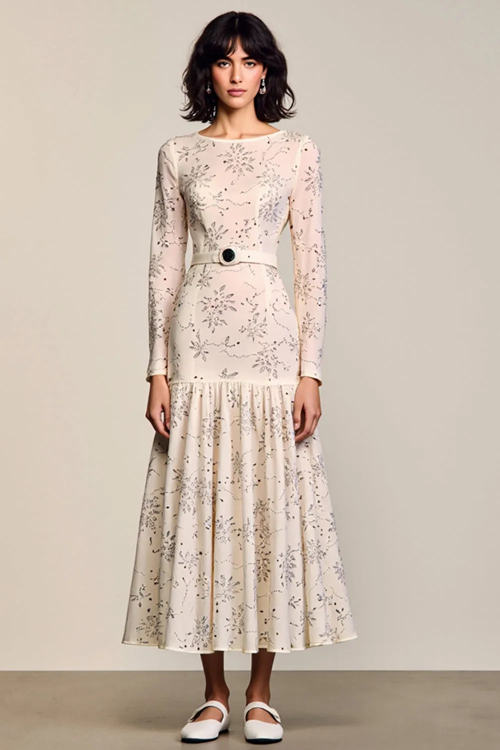 Apricot Floral Long Sleeve A Line Wedding Guest Dress With Belt sold by Zapaka