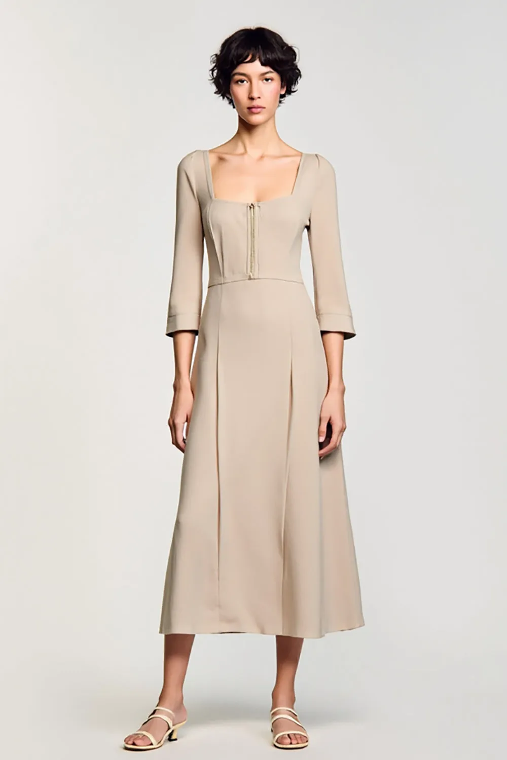 Apricot A Line Square Neck 3/4 Sleeves Wedding Guest Dress sold by Zapaka