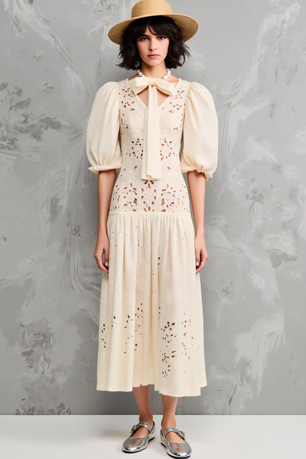 Lace Apricot A Line Midi Wedding Guest Dress sold by Zapaka