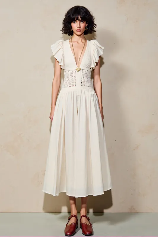 White V Neck Ruffled Sleeve A Line Wedding Guest Dress sold by Zapaka