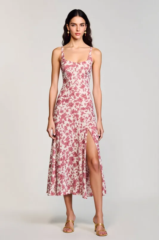 Red Floral Square Neck A Line Wedding Guest Dress sold by Zapaka