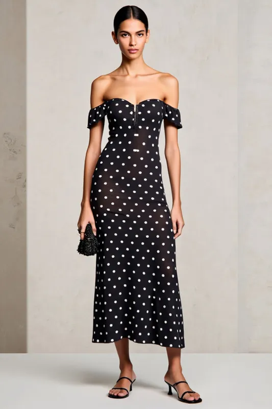 Black Sheath Off The Shoulder Polka Dots Wedding Guest Dress sold by Zapaka