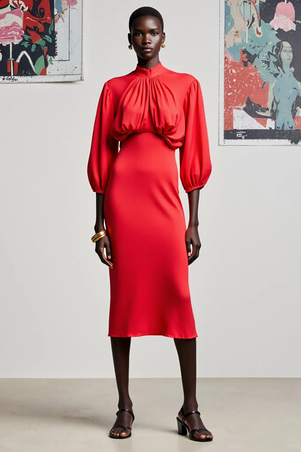 Red Sheath 3/4 Sleeve Midi Wedding Guest Dress sold by Zapaka