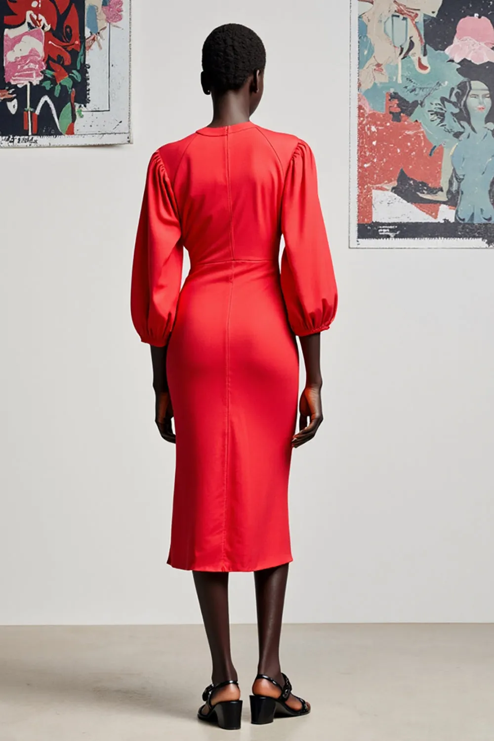 Red Sheath 3/4 Sleeve Midi Wedding Guest Dress sold by Zapaka product image thumbnail 2