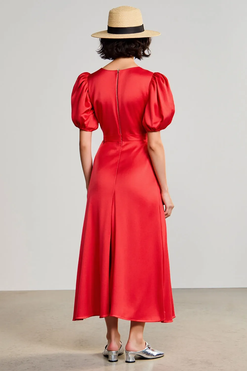 Red A Line Satin Puff Sleeve Wedding Guest Dress sold by Zapaka product image thumbnail 2