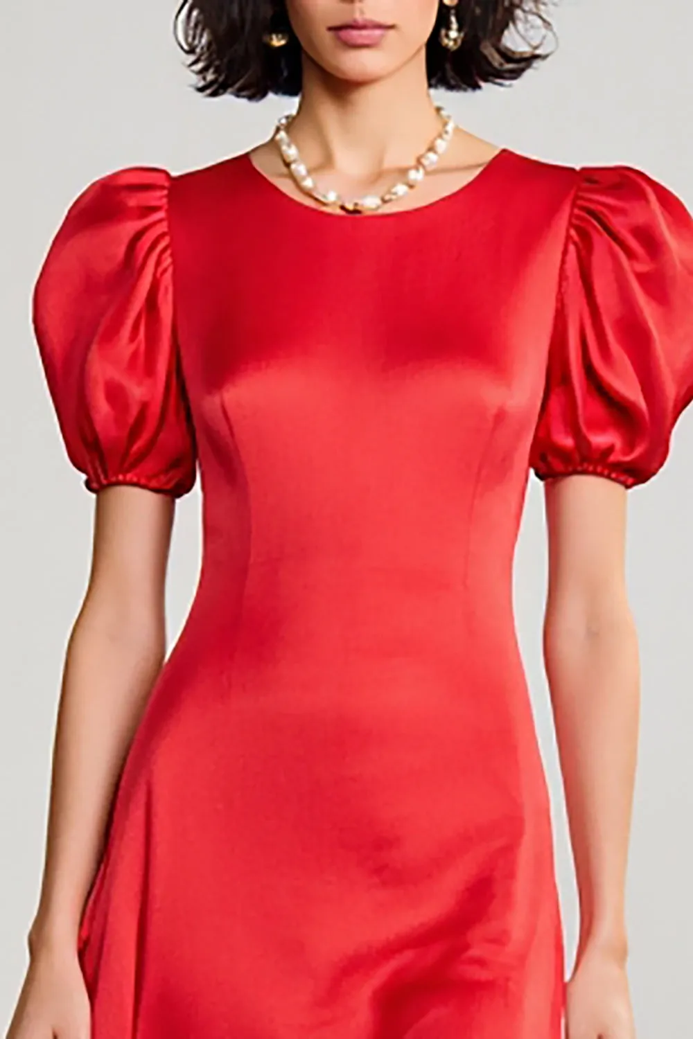 Red A Line Satin Puff Sleeve Wedding Guest Dress sold by Zapaka product image thumbnail 3