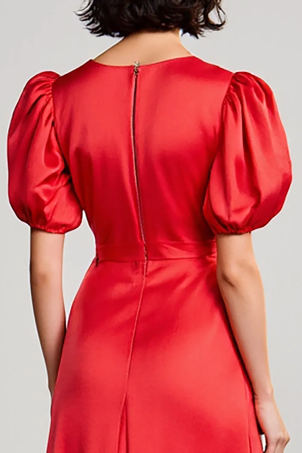 Red A Line Satin Puff Sleeve Wedding Guest Dress sold by Zapaka product image thumbnail 4