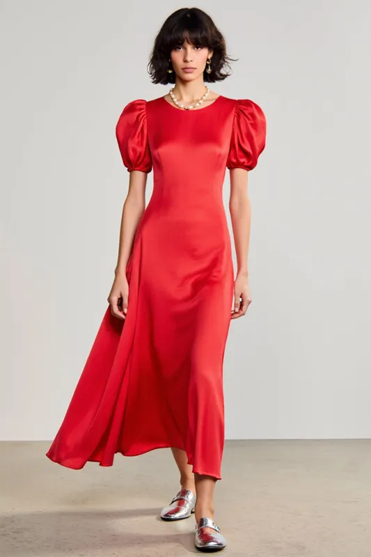 Red A Line Satin Puff Sleeve Wedding Guest Dress sold by Zapaka