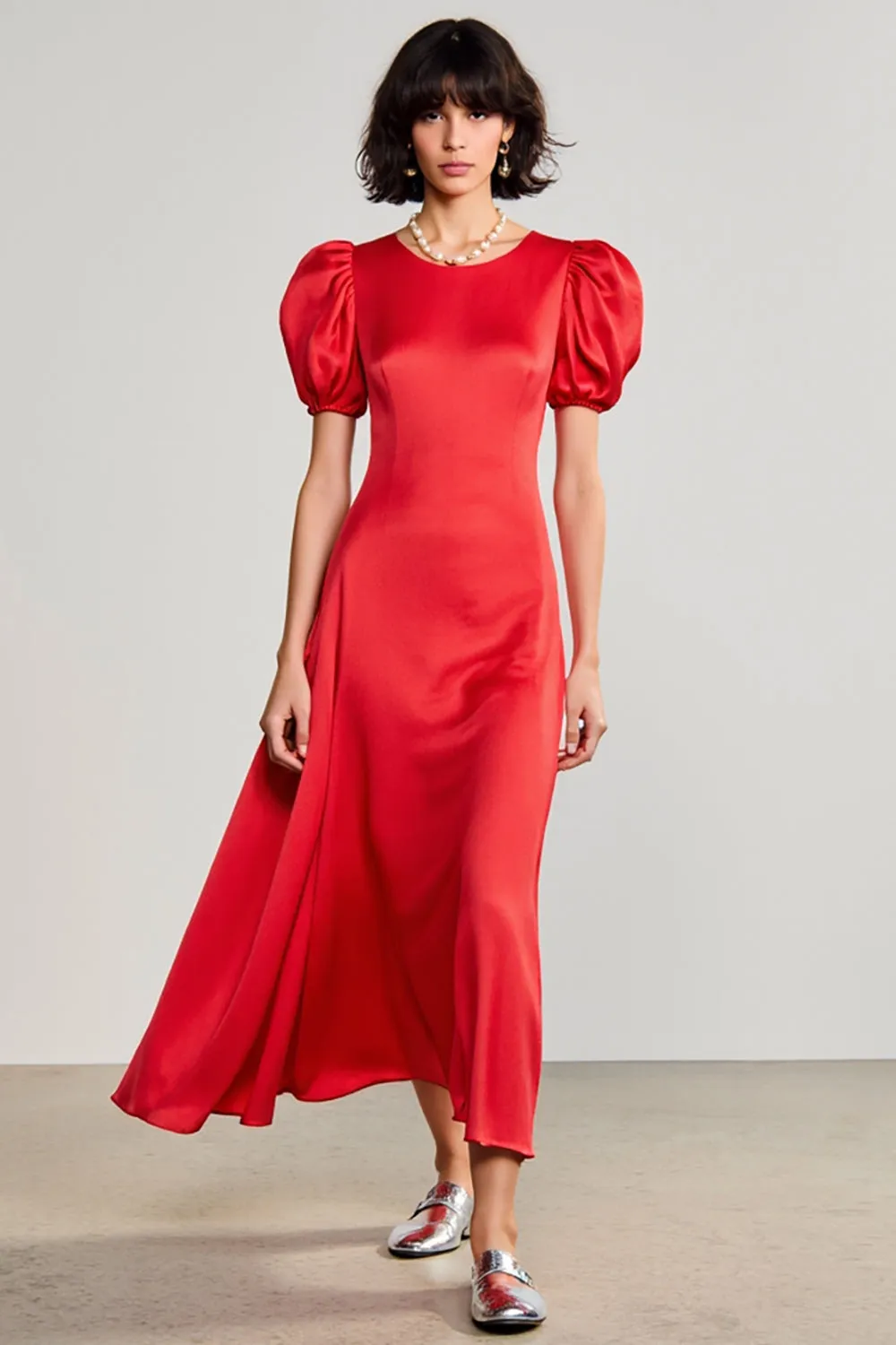 Red A Line Satin Puff Sleeve Wedding Guest Dress sold by Zapaka