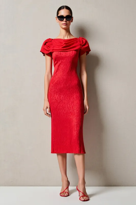 Red Sheath Cowl Neck Midi Wedding Guest Dress sold by Zapaka