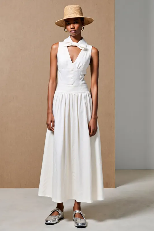White V Neck Keyhole A Line Wedding Guest Dress With Bow sold by Zapaka