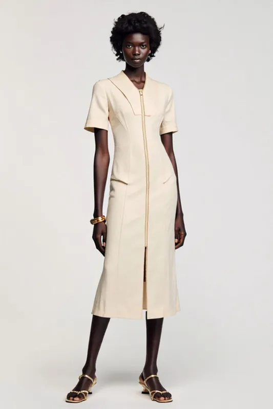 Apricot Sheath Tea Length Wedding Guest Dress sold by Zapaka