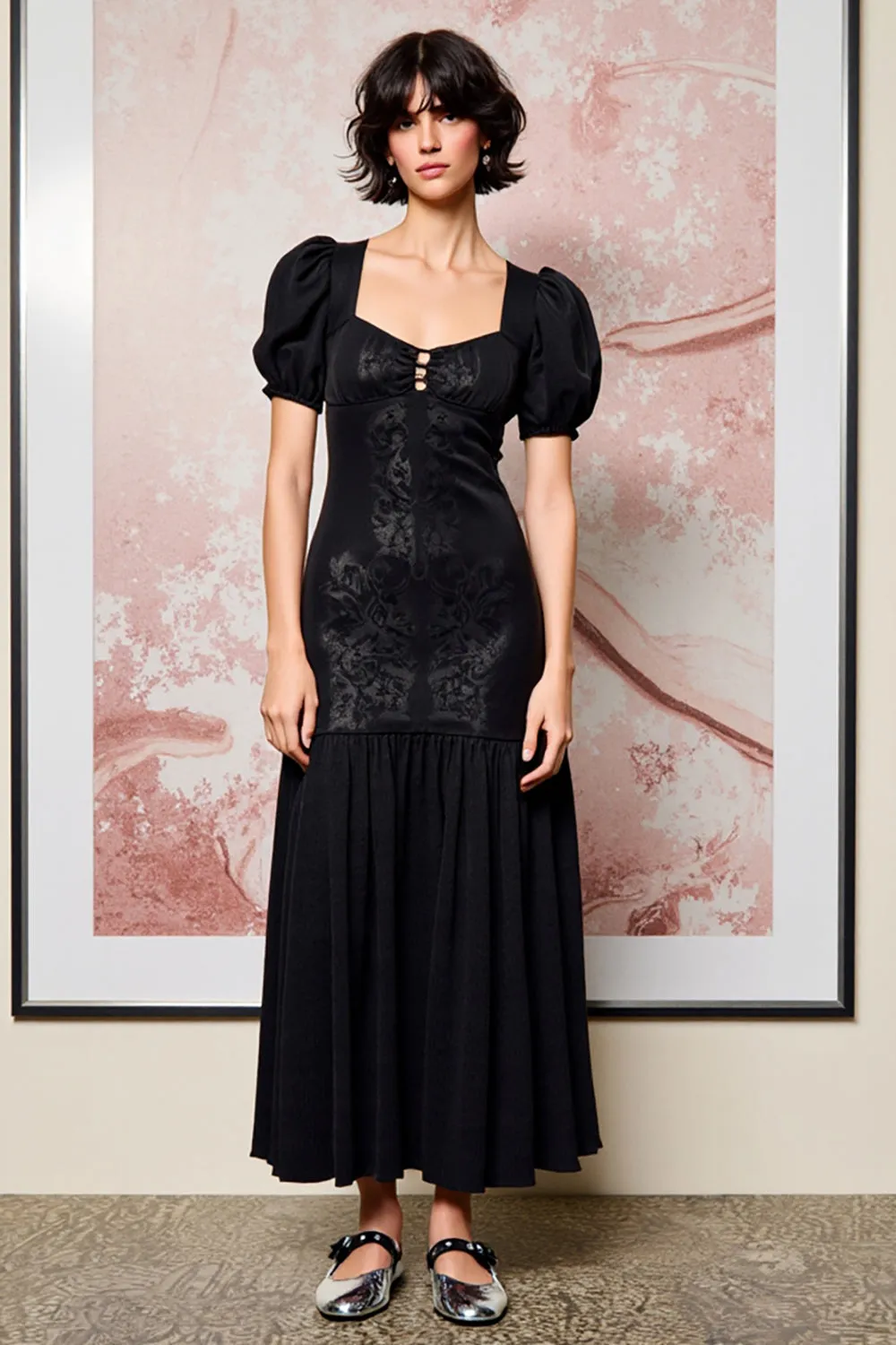 Black A Line Lace Puff Sleeve Wedding Guest Dress sold by Zapaka
