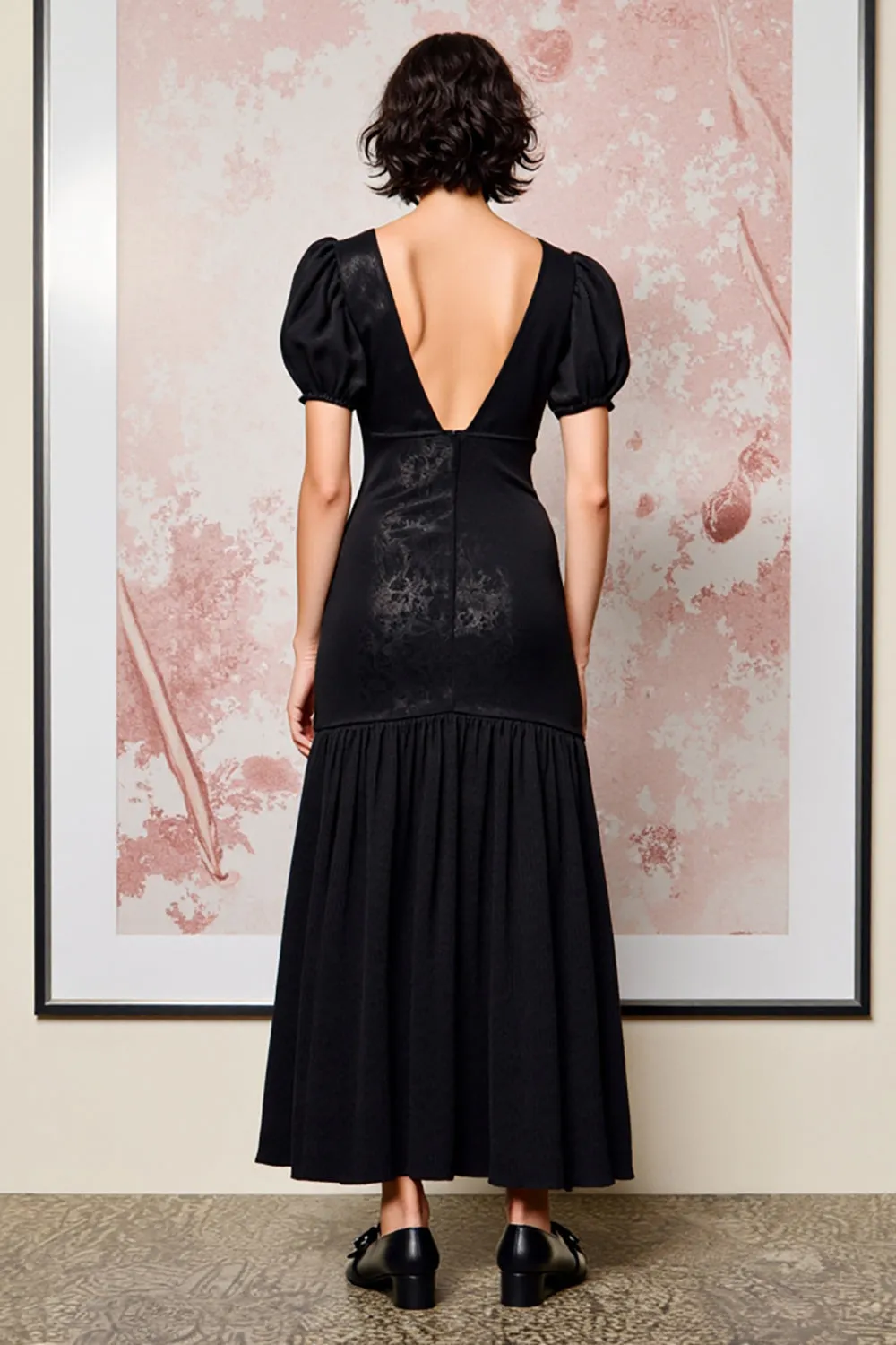 Black A Line Lace Puff Sleeve Wedding Guest Dress sold by Zapaka product image thumbnail 2