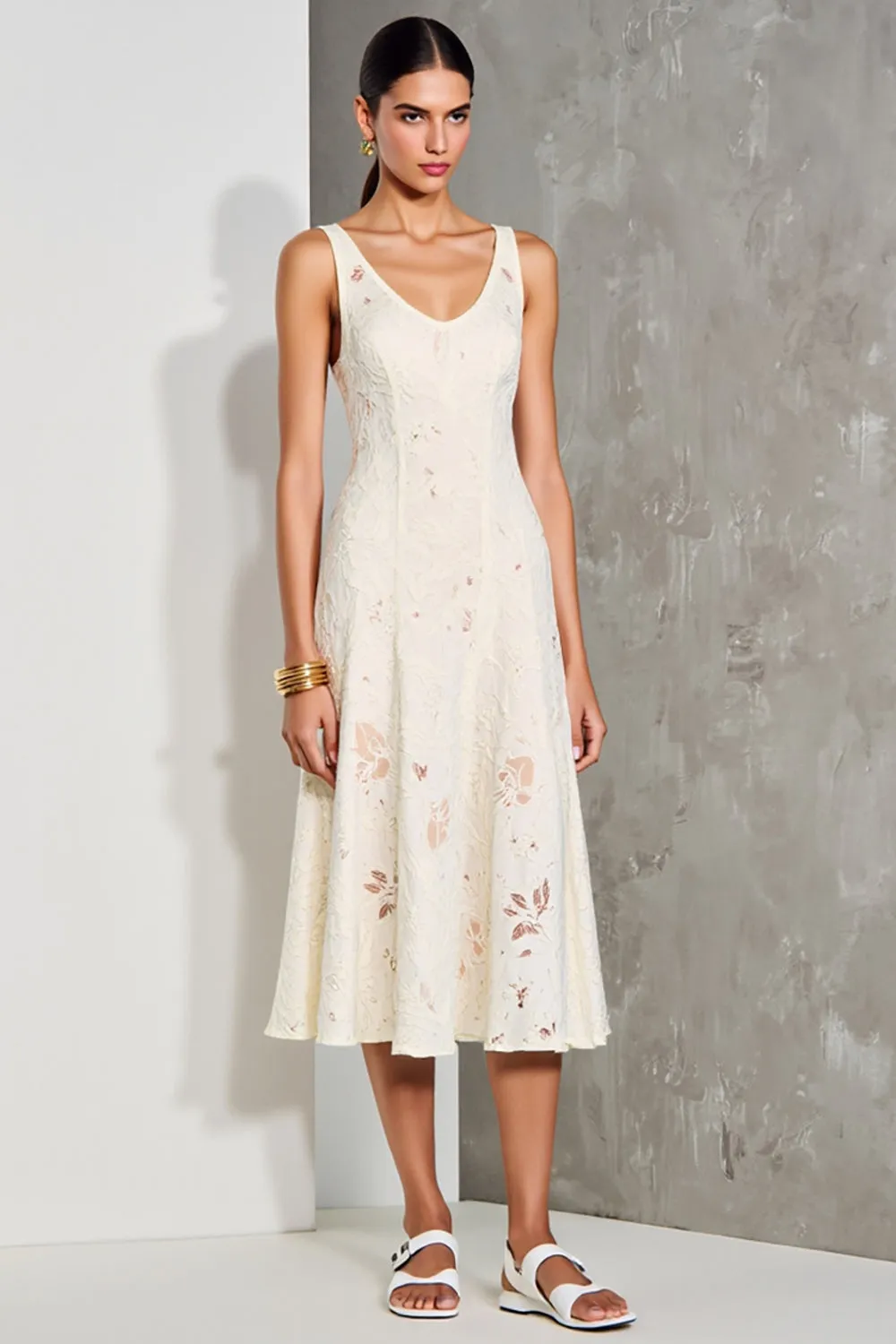 White A Line Midi Wedding Guest Dress With Appliques sold by Zapaka