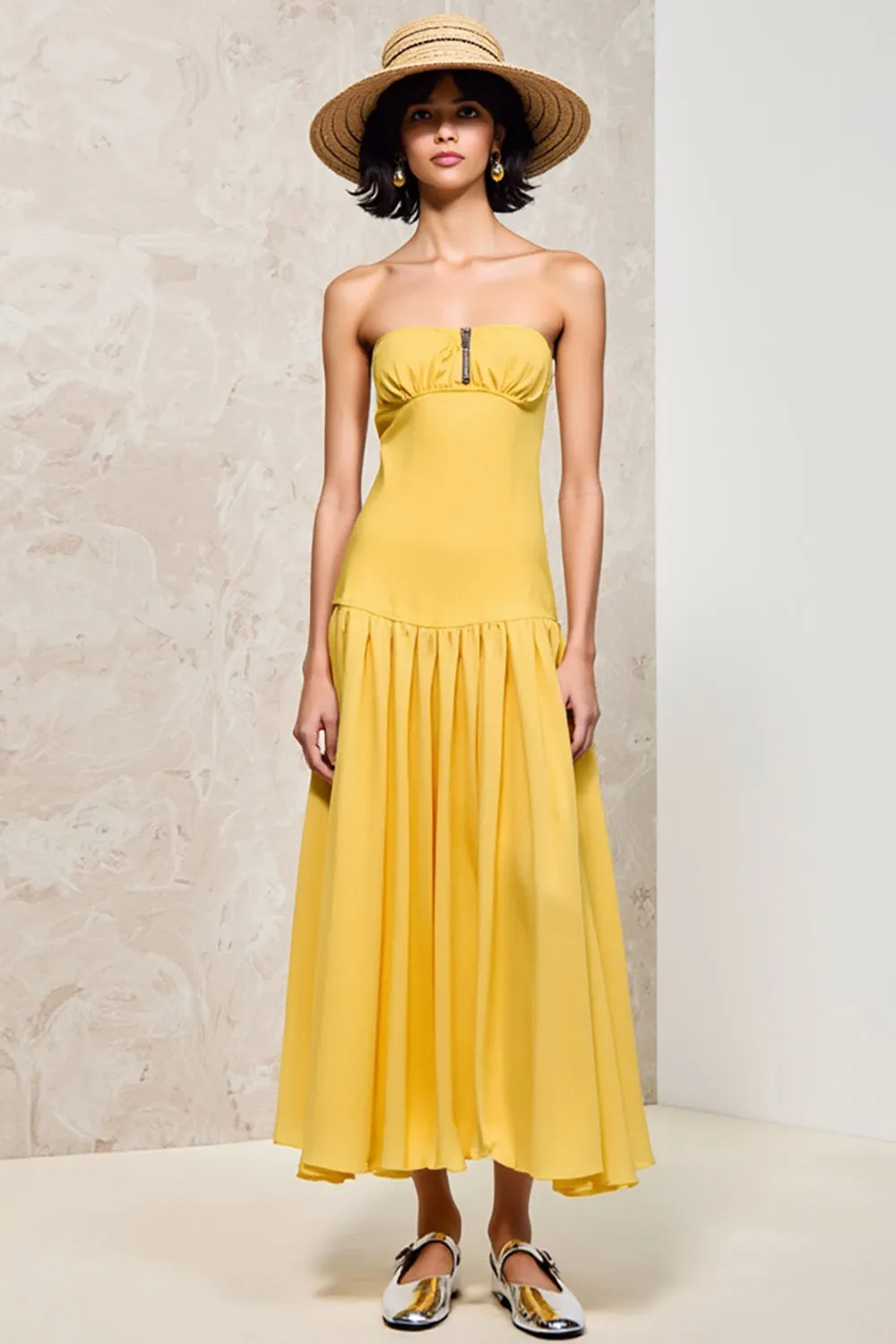 Yellow Strapless Ruched A Line Wedding Guest Dress sold by Zapaka