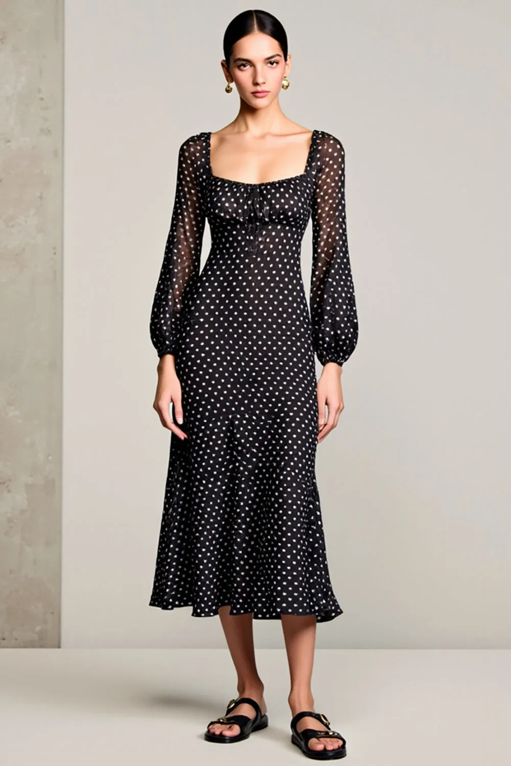 Black A Line Polka Dots Wedding Guest Dress With Long Sleeves sold by Zapaka
