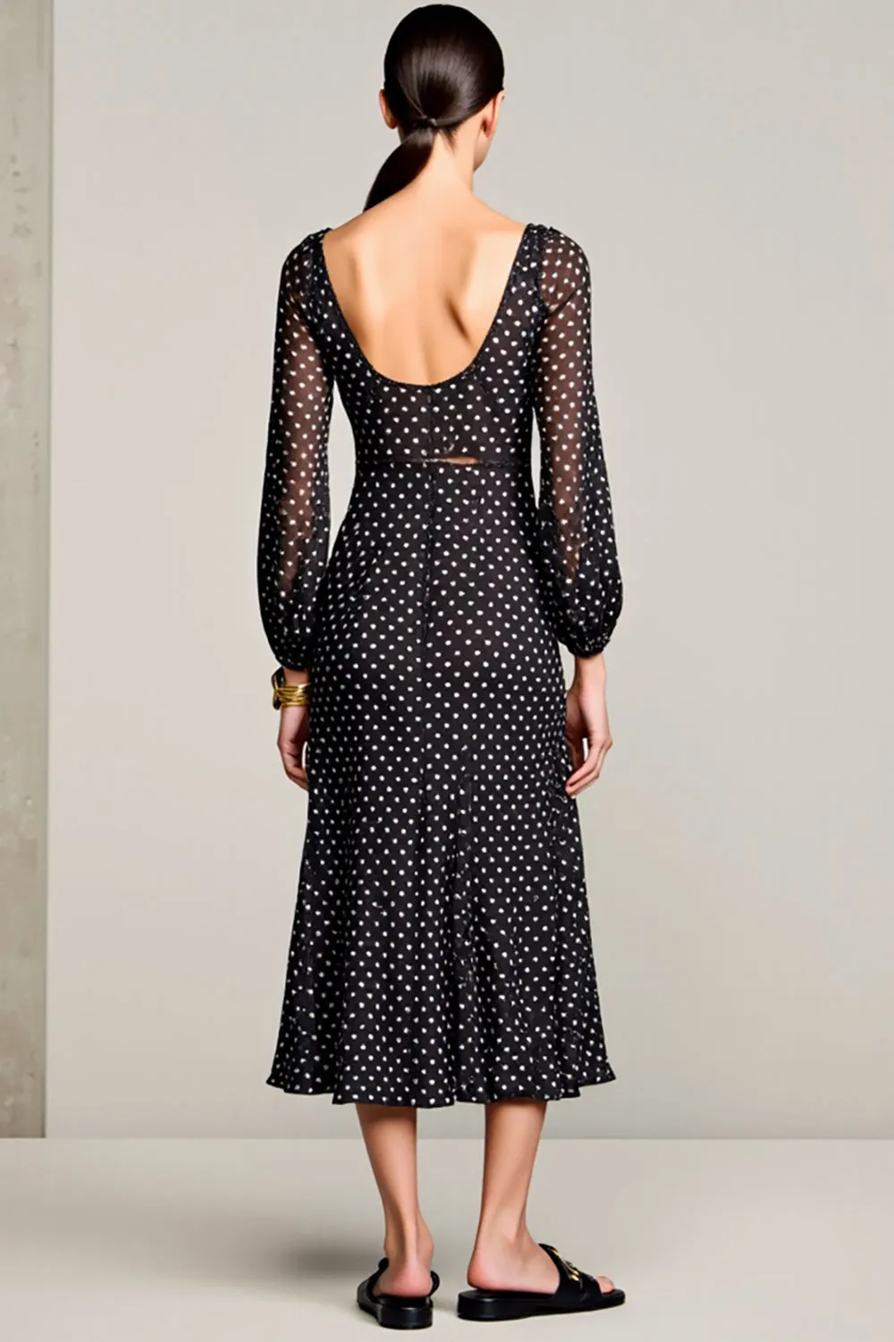 Black A Line Polka Dots Wedding Guest Dress With Long Sleeves sold by Zapaka product image thumbnail 2