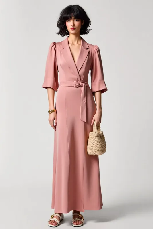 Pink A Line Notched Lapel Wedding Guest Dress with Belt sold by Zapaka