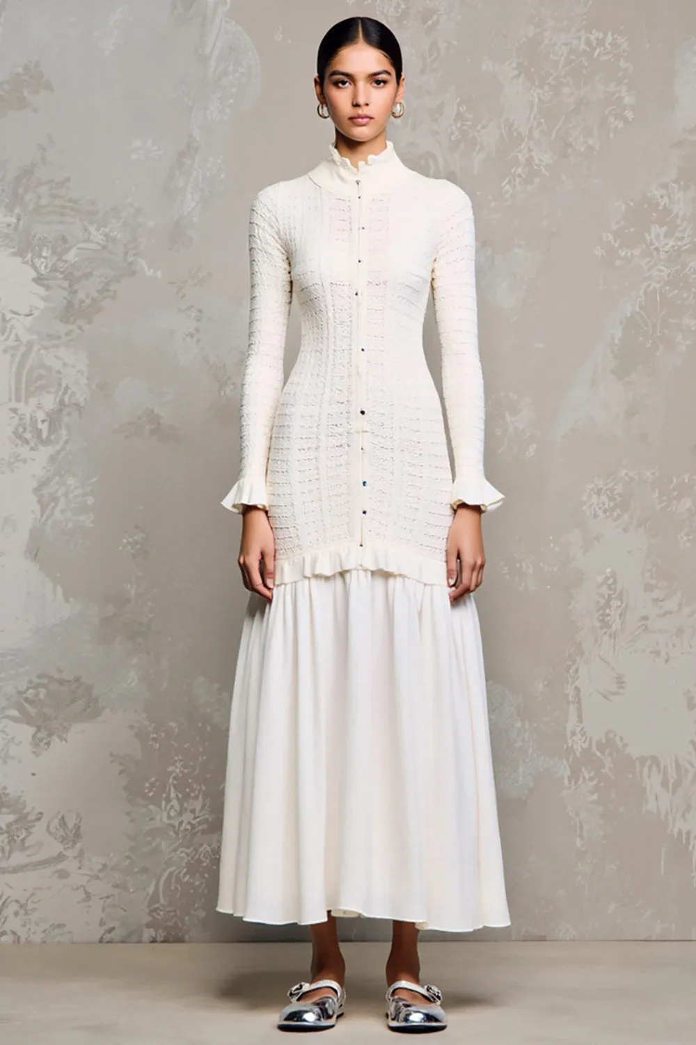 A Line Ruffled Ivory Long Sleeve Wedding Guest Dress sold by Zapaka