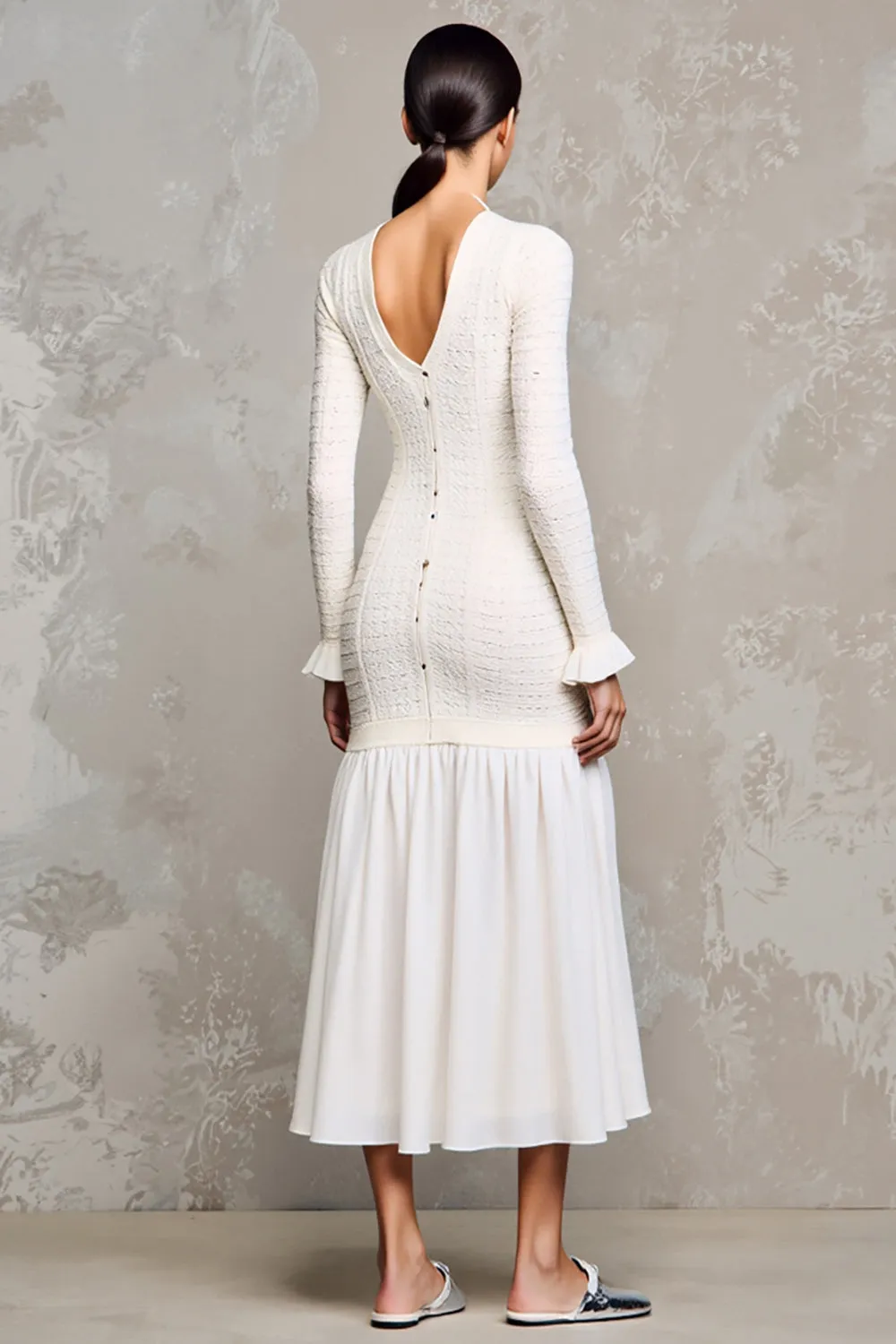 A Line Ruffled Ivory Long Sleeve Wedding Guest Dress sold by Zapaka product image thumbnail 2