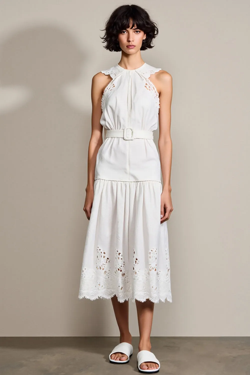 White A Line Midi Wedding Guest Dress with Belt sold by Zapaka