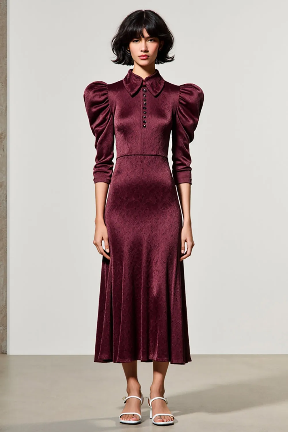 Dark Red A Line Satin Lapel Neck Wedding Guest Dress sold by Zapaka