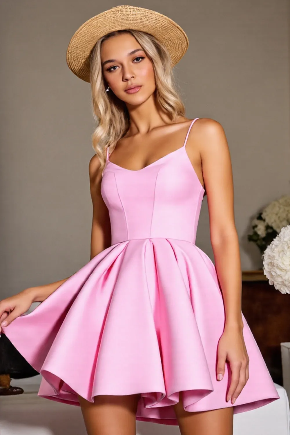 Pink A Line Satin Spaghetti Straps Short Homecoming Dress sold by Zapaka