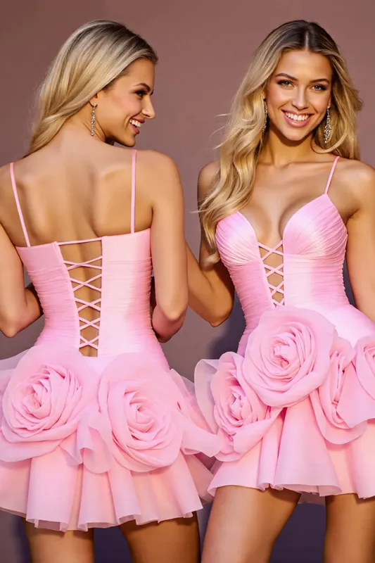 Pink A Line Ruched Homecoming Dress with 3D Flowers sold by Zapaka