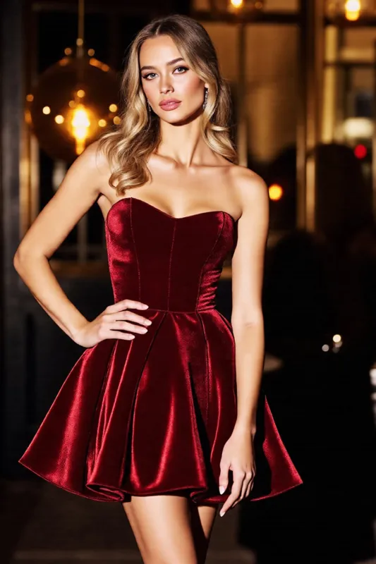 A Line Burgundy Strapless Velvet Short Homecoming Dress sold by Zapaka