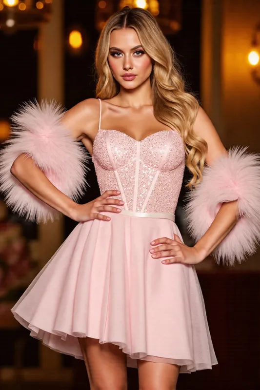 Sparkly Blush Corset Homecoming Dress With Feathers sold by Zapaka