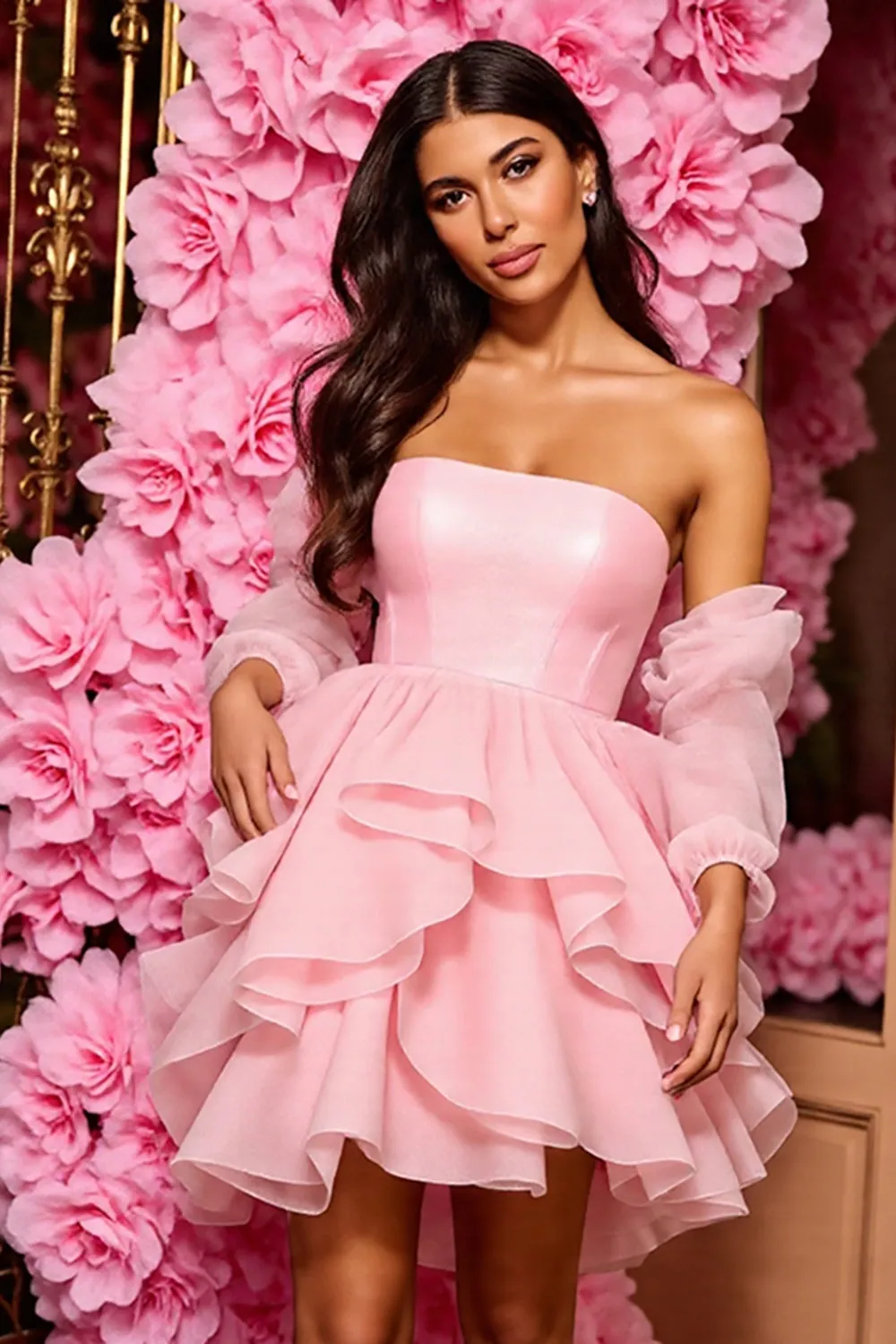 Pink Strapless A Line Ruffled Mini Homecoming Dress sold by Zapaka product image thumbnail 3