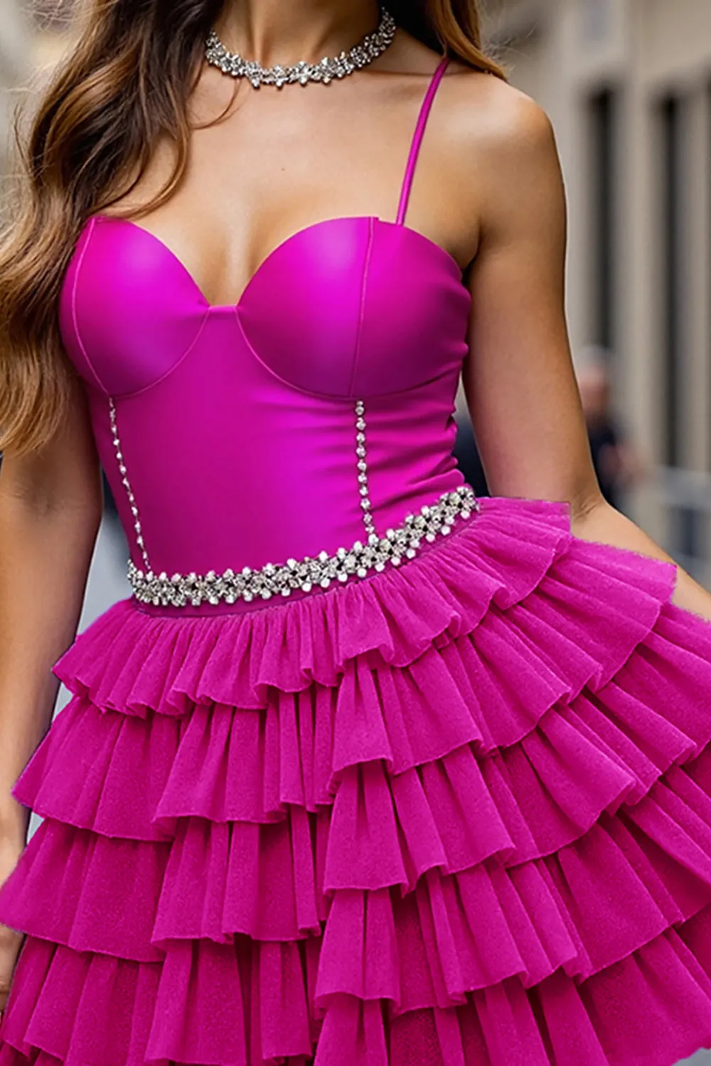 Fuchsia Beaded A Line Tiered Homecoming Dress sold by Zapaka product image thumbnail 3