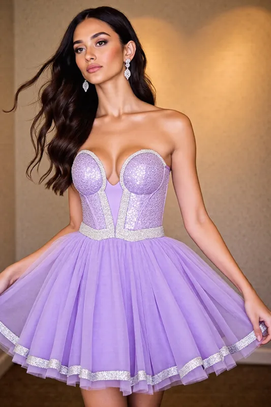 A Line Purple Corset Beaded Homecoming Dress sold by Zapaka