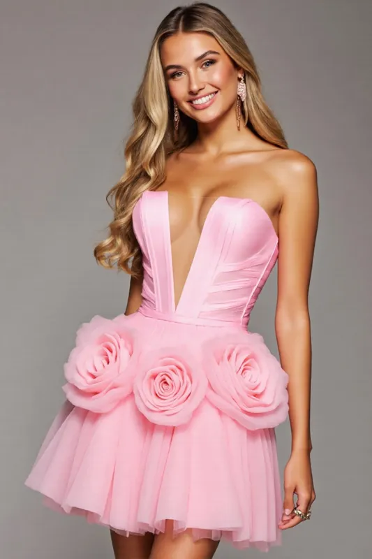 Strapless Pink A Line Homecoming Dress with 3D Flowers sold by Zapaka