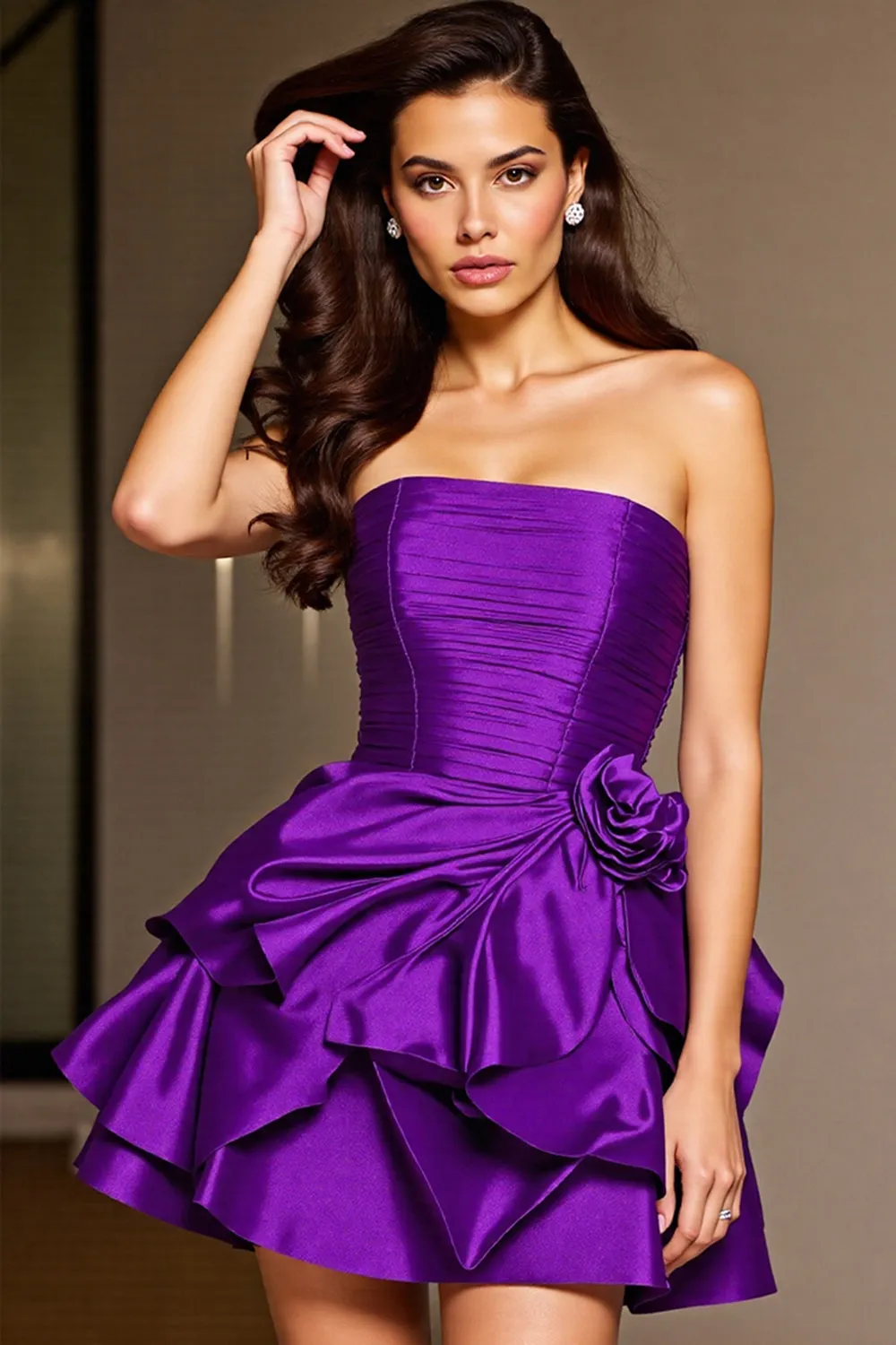 Strapless Ruffled Dark Purple Homecoming Dress with 3D Flowers sold by Zapaka