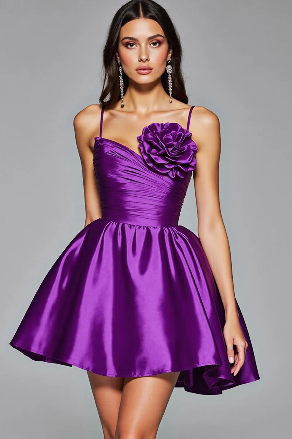 Dark Purple A Line Spaghetti Straps Homecoming Dress With 3D Flower sold by Zapaka